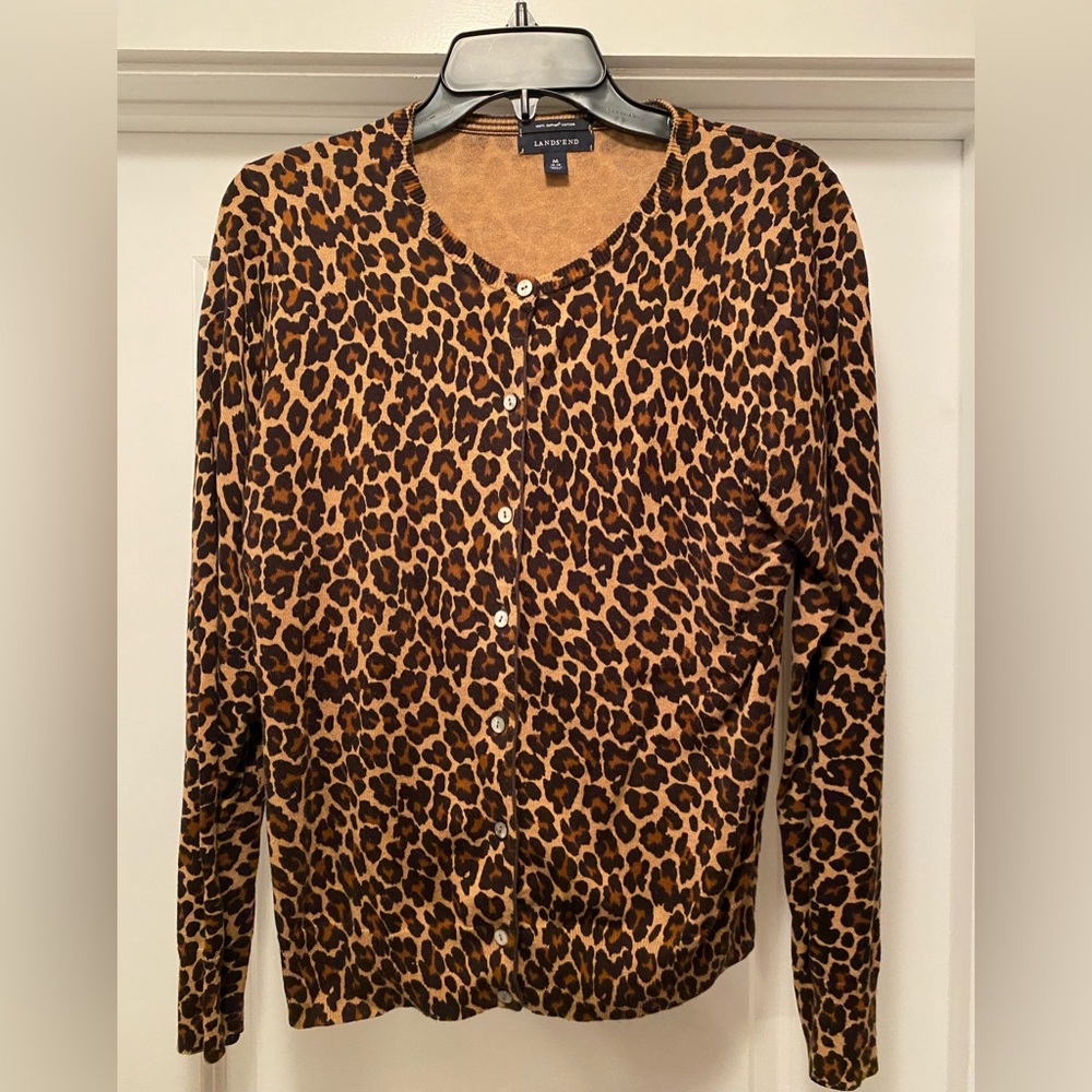 Lands End animal print cardigan, M 10-12